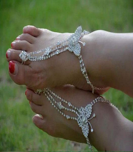 1 paire cristal papillon pieds nus sandales plage mariage pied cheville cheville Bridal9623797