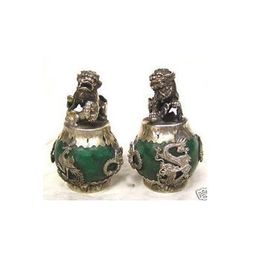 1 paar Handwerk Tibet Zilver Groene Jade Carving Figures Dragon Phoenix Lion Foo Dog Statue Tibetan Silver Bronze Decoratie