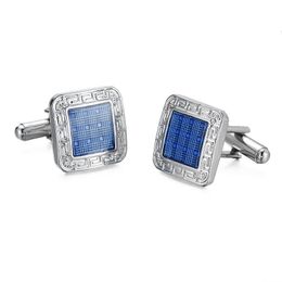 1 Pair High Quality Trendy Silver Color Square Cufflinks Classic Men Luxury Blue White Crystal Cuff Links French Shirt Cufflink