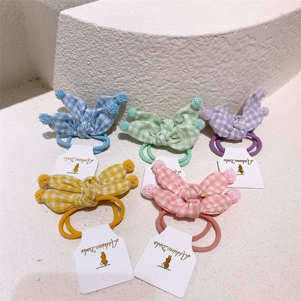 1 paire nouvelle mode douce fille bébé queue de cheval cheveux accessoires coréen mignon enfants tissu à carreaux boule de poils oreilles de lapin cheveux corde