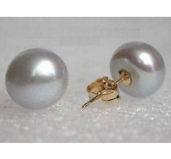1 paire de boucles d'oreilles en perles grises naturelles de la mer du Sud de 10 à 11 mm avec fermoir en or 14 carats