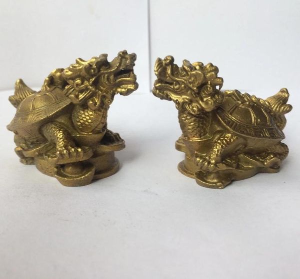 1 paire de statues de longévité en cuivre et laiton sculpté, décoration de maison traditionnelle, tortue Dragon fengshui, artisanat en métal 9678795