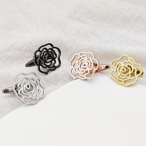 1 par de gemelos de flores rosas de Color dorado de calidad para mujer, nuevo diseño hueco personalizado, puños de camisa francesa, accesorios de traje para hombre