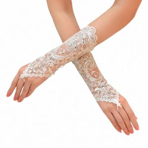 1 paire de gants de mariée blanc/rouge/beige élégant paragraphe court strass gant de dentelle blanche beaux accessoires de mariage Y4ix #