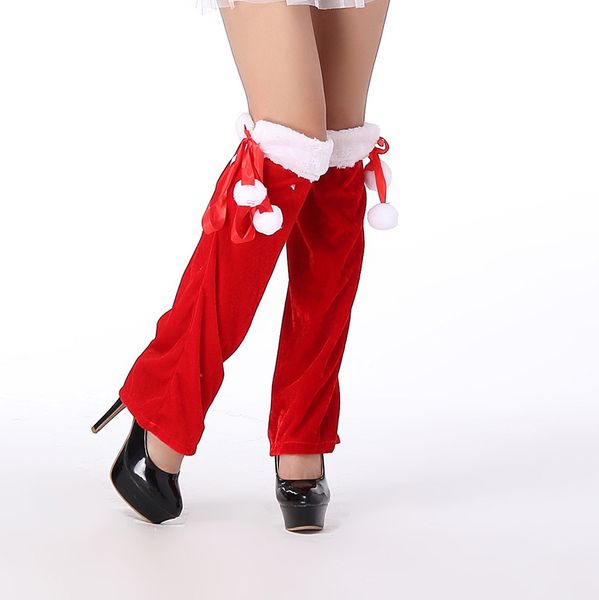 1 par de terciopelo navideño rojo para mujer con adornos peludos blancos, lazos, bolas, calentadores de piernas, puños, adornos para botas, funda para calcetines, varios estilos, tamaño libre