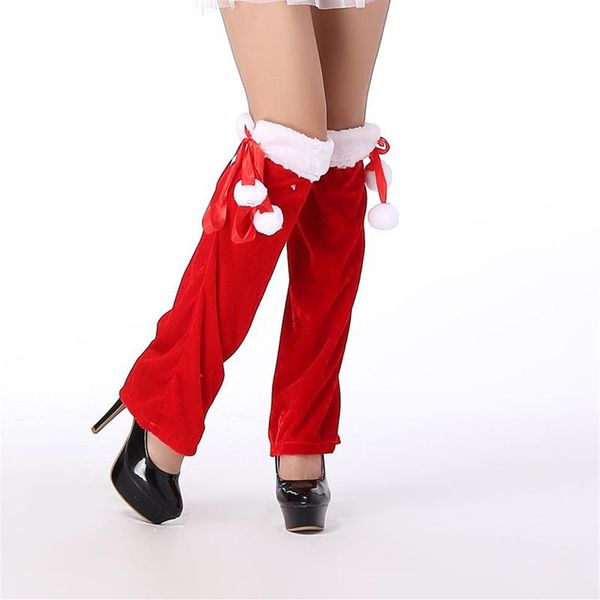 1 paire de velours de Noël rouge pour femmes avec garnitures floues blanches, nœuds, boules, jambières, poignets, chaussettes de bottes, couverture multi-style 264D