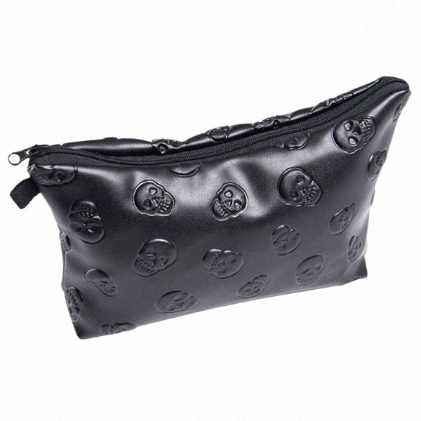 1 PC Black Skull Cosmetic Bag Women PU Cuero de cuero Organizador de viajes para el kit de aseo de cosméticos Dropship Z2wi#