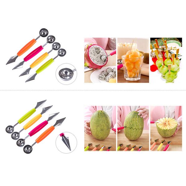 Cuchillo para tallar bolas de melón de fruta de doble punta, herramientas de cocina de acero inoxidable, herramientas de decoración de helado multifunción, 1 ud.