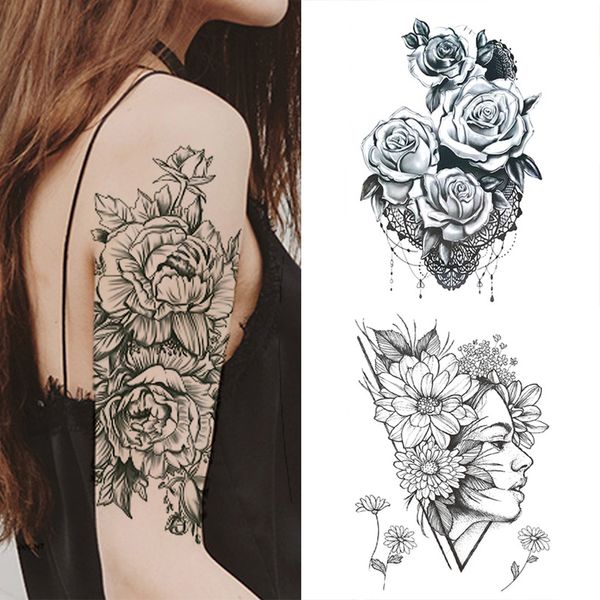 1 pieza moda mujer chica tatuaje temporal pegatina negro rosas diseño completo flor brazo cuerpo arte grande falso tatuaje pegatina