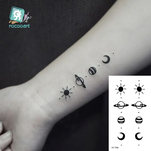 1 PC Planeta geométrica Moda Mujeres Tatuaje temporal Pegatina Transferencia de agua Minimalista Pequeño Sun Moon Diseño Falso 240423