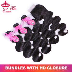 Echte onzichtbare HD -kant Braziliaanse maagdelijke menselijke haarbundels met sluiting 5x5 4x4 Body Wave 100% Human Raw Hair Extensions Queen Hair Products