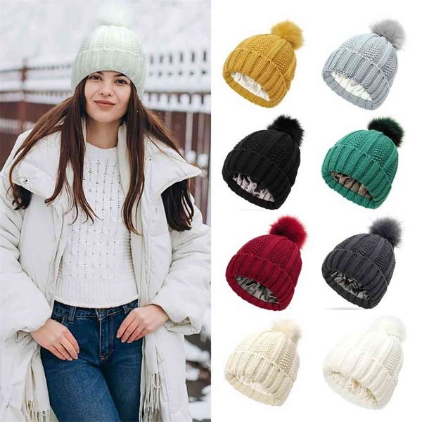 1 PC hiver bonnet chapeau pour femmes doublé de Satin fausse fourrure Pom chapeaux femmes chaud épais tricot crâne casquette Y21111