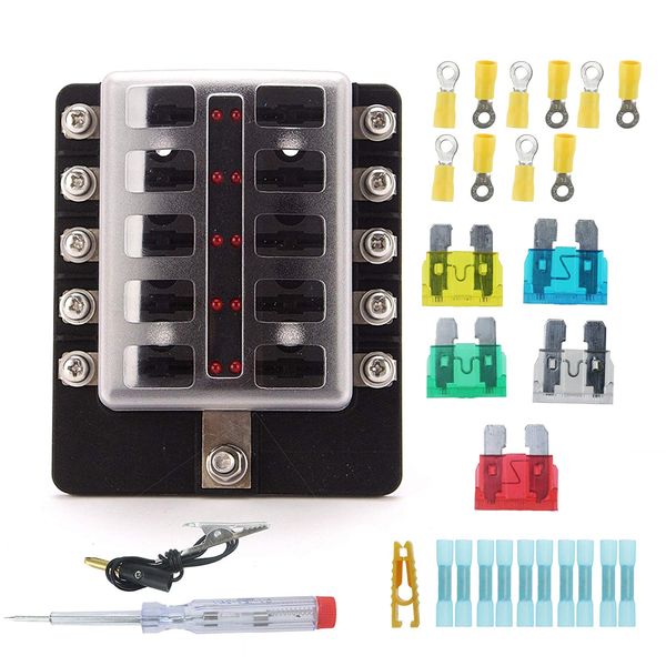 1 Uds. Caja de fusibles de bloque de fusibles LED de 10 circuitos con terminal de tornillo con accesorios y kits para coche barco triciclo marino