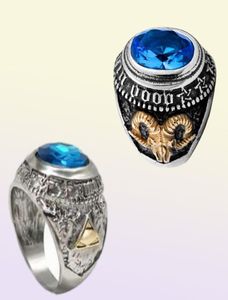 1 PCS Grote Schapen Geit Hoorn Hoofd Vinger Ring Blauw Kristal Steen Omgekeerd Pentagram Voor Vrouwen Mannen Biker Punk Dier hip Hop Sieraden7530038