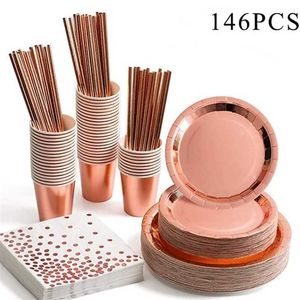 1 stks Disposable Party Servies Rose Gold Champagne Paper Cup Plate Strietje Verjaardagsfeest Feestelijke Decor Bruiloft Supplies 211216