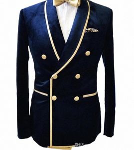 1 PCS Navy Blue Veet Blazer Slim Fit Shawl Lapel Double Breasted Novio Traje Chaqueta para hombres Fiesta de graduación Hombre Fi Coat 38VX #