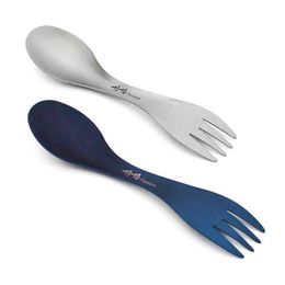 1 PCS Camping En Plein Air Pique-Nique Titane Cuillère Vaisselle Titane Cuillère Alliage Léger Fourchette Portable Spork Y220530