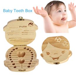 1 PCS Español Inglés Ruso Bebé Caja de dientes de madera Almacenamiento de dientes de leche Recoger juguetes Dientes Umbilica Guardar regalos Juguetes para bebé Niño LJ201113