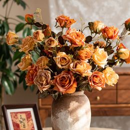 1 Pcs , Vintage Yellow Beige Orange Display Artificial Roses Flower , Romantic Bride Silk Fake Bouquets Picks, Festival Party Table Flower Decorations Gift