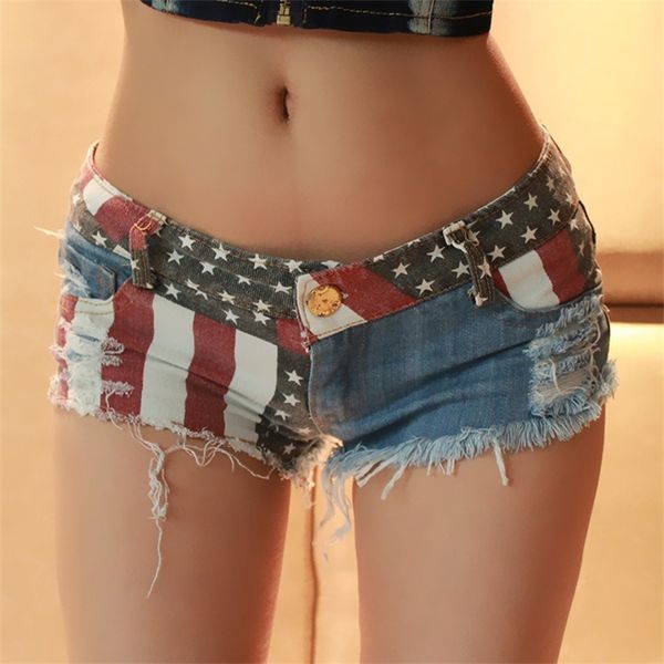 1 pcs femme trou shorts d'été pur coton trou cassé jeans Shorts sexy short à rayures drapeau dames denim pantalons courts femmes T200701