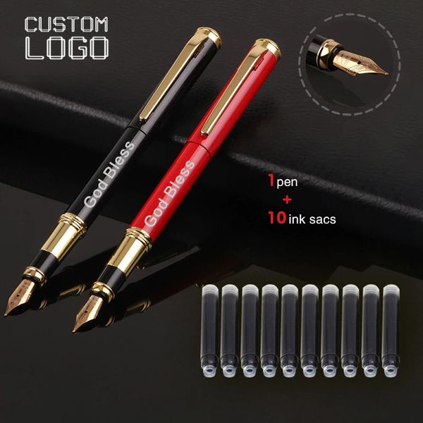 1 stylo 10 encre sacs gratuitement en métal personnalisé Luxury Student Calligraphie Livre Fountain Gift Business School Office Supplies 240425