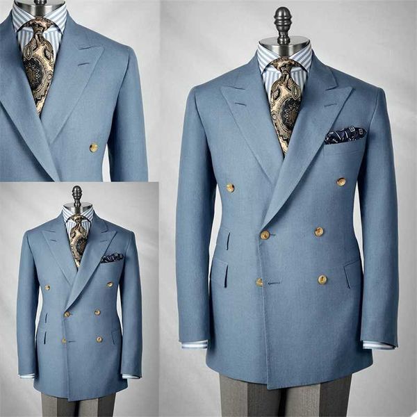 1 pieza azul guapo hombres trajes novio esmoquin solapa doble botonadura hecho a medida Slim Formal fiesta traje largo prendas de vestir X0909