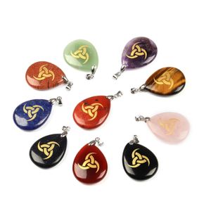 1 Stuk Natuurlijke Chakra Lapis Amethist Tijgeroog Steen Gegraveerd Kristal Reiki Healing Odin's Hoorn Cycloon Logo Teardrop Hanger