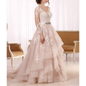 Robes de mariée de jardin à manches longues à manches longues vintage avec châssis perle A-line ivoire tulle en V Ruffles lacets en lacet en train de balayage