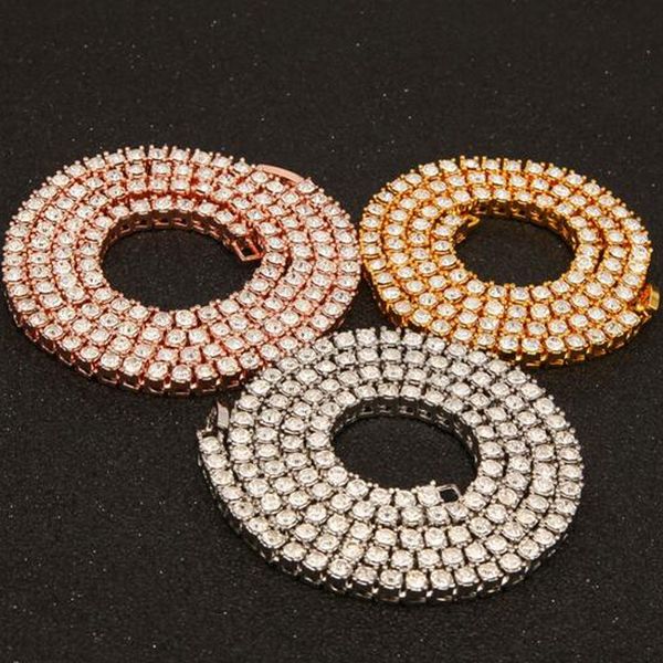 1 rangée Tennis chaînes strass collier pour hommes 3mm 4mm 5mm largeur argent/noir/or Rose/or Hiphop tour de cou Bling