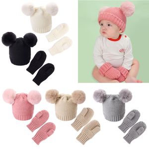 1 Set unisex kinderen meisjes jongens baby baby winter warme haakhaak hoed beanie capmittens vaste set babyhandschoenen accessoires