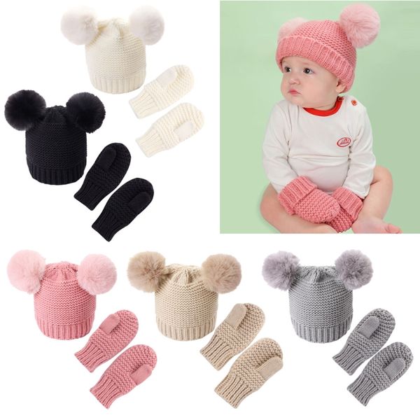 1 Juego unisex para niños, niñas, niños, bebés, invierno, cálido gorro tejido al crochet, gorro, gorro, conjunto sólido, accesorios para guantes de bebé