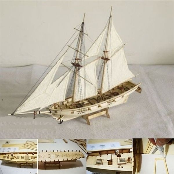 1 Juego de Kits de construcción de ensamblaje, modelo de barco, velero de madera, juguetes de vela, Kit ensamblado, manualidades de madera DIY 211105