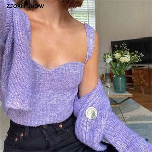 1 ensemble automne hiver romantique violet tricot cardigan recadré débardeur simple boutonnage un bouton pull court pull ample 210429