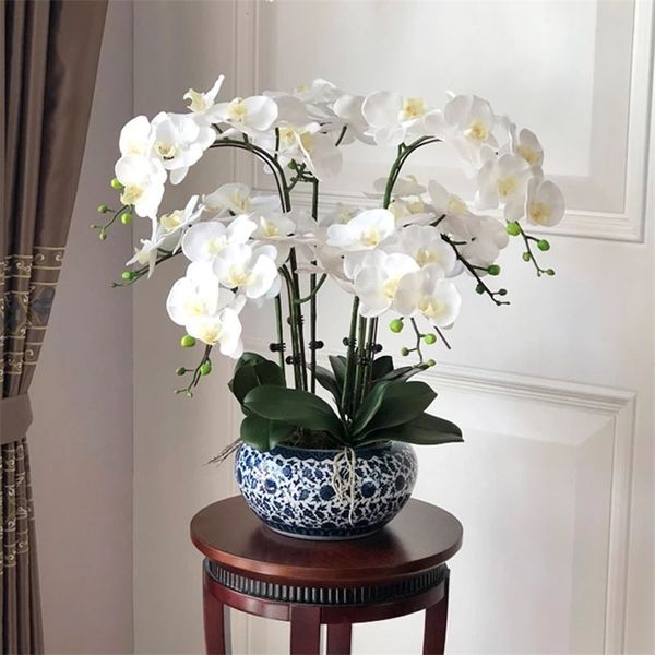 1 juego de grandes orquídeas artificiales PU Real Touch Hand Glass Arreglo de flores grandes Sin jarrón Decoración del hogar 210706