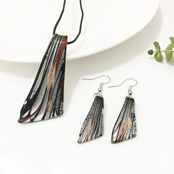 1 ensemble feuille noire collier pendentif boucle d'oreille glaçure colorée Style chinois verre au chalumeau couteau de Murano bijoux pour femmes cadeau