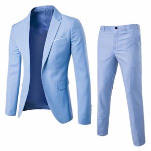 1 juego Blazer Pantalones Color sólido de un solo pecho Primavera Otoño Slim Fit Butts Traje formal para boda Traje de hombre de moda Conjunto Z7UL #