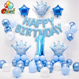1 set blauw roze kroon verjaardag ballonnen helium nummer folie ballon voor baby jongen meisje 1e verjaardag partij decoraties kids douche 210626