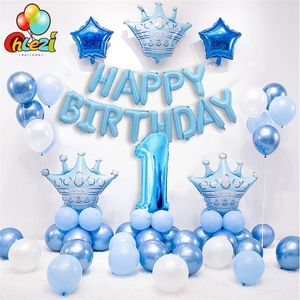 1 set Blue Pink Crown Birthday Birthday Number Number Foil Globo para Baby Boy Girl 1st Party Decorations Kids Drower 220225