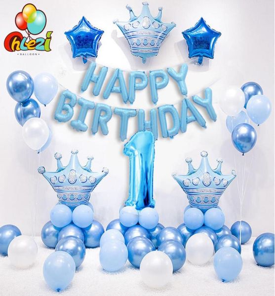 1 set Blue Pink Crown Cumpleaños Cumpleaños Número de helio Globo de papel de aluminio para bebé Decoraciones de fiesta de cumpleaños de la primera niña Dirección de niños 104380892