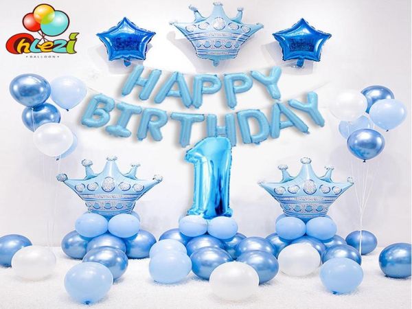 1 set Blue Pink Crown Birthday Birthday Number Number Foil Globo para Baby Boy Girl 1st Birthday Party Party Drower 108919417