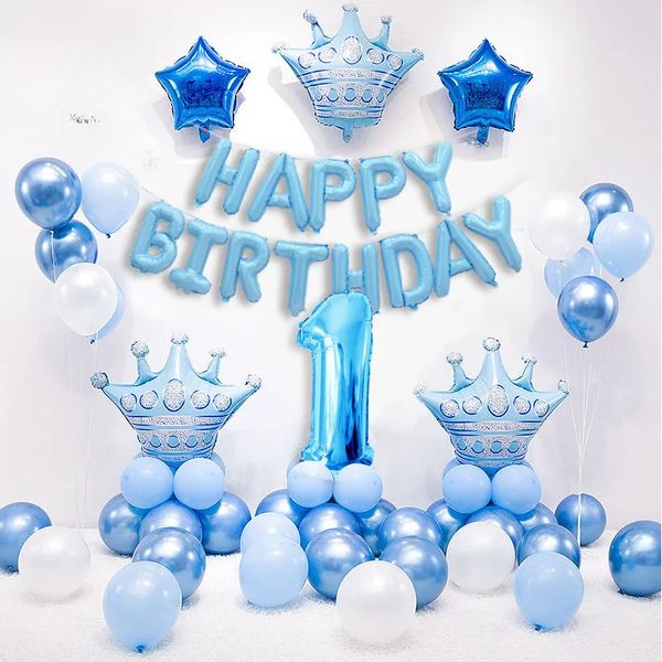 1 ensemble de ballons couronne bleu rose en aluminium, à hélium, décorations de fête de 1er anniversaire pour bébé garçon et fille, réception-cadeau pour enfants