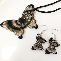 Ensemble de boucles d'oreilles et collier papillon rétro Style chinois, corde tressée en verre de Murano, noir et or, Noble Court, 1 ensemble