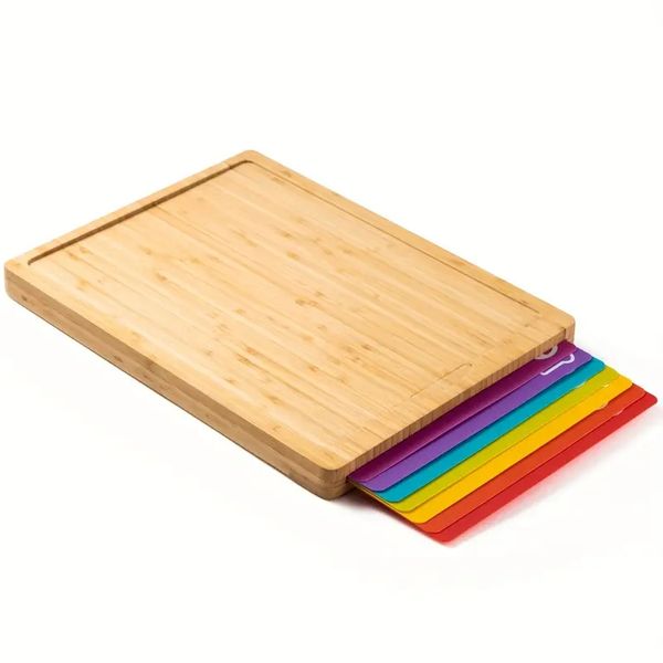 1 ensemble, ensemble de planches à découper, planche à découper, ensemble de planches à découper en bois de bambou, 7 tapis de découpe flexibles avec icônes alimentaires, ensemble de planches à découper à code couleur