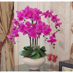 1 juego diseñado orquídea Phalaenopsis flor de tacto real arreglo floral de mesa de alto grado como flor real azul blanco púrpura T200509