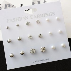 1 set mode ronde vierkant kristal goud kleurstudie oorbellen gesimuleerde parelbal zilveren oorbel voor vrouwen sieraden 240511