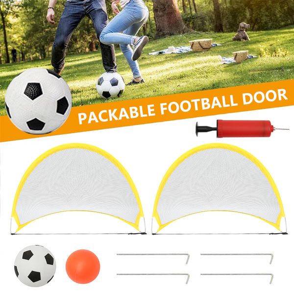 1 Juego de portería de fútbol plegable, red de portería de entrenamiento de fútbol, tienda de campaña para niños, juguetes para jugar al aire libre, puerta de práctica de pelota de fútbol y bomba