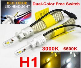 1 Set H1 60W 8000LM S5 LED-koplampkit LUMI ZES Chip Dual Color 3000K Goudgeel 6500K Witte Schakelaar Fanless Verwisselbaar2080717