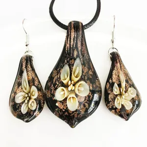 Ensemble de colliers et boucles d'oreilles en verre de Murano, fait à la main, fleur jaune, pendentif goutte d'eau, Style ethnique, chaîne de clavicule, bijoux, 1 ensemble