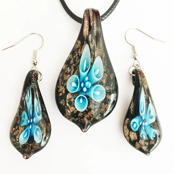 1 ensemble collier fait main boucle d'oreille verre de Murano bleu fleur goutte d'eau pendentif Style ethnique clavicule chaîne bijoux