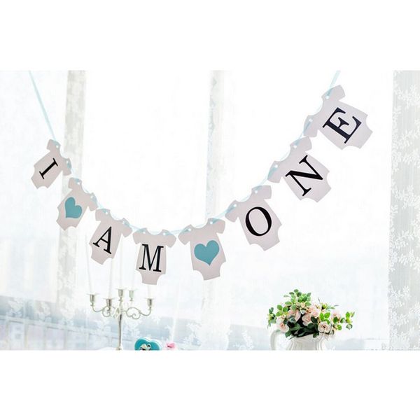 Envío gratis 1 juego I AM ONE Banner Baby 1ST Birthday Garland Sign Photo Props Kids Birthday Party Decoration